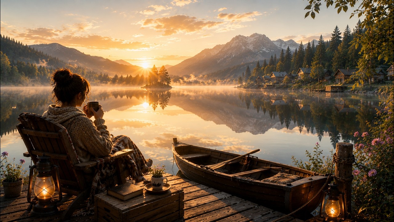 Peaceful Day Start With Lake ☕ Relaxing Lofi Beats | Calm Water, Wooden Boat & Sunrise Ambience