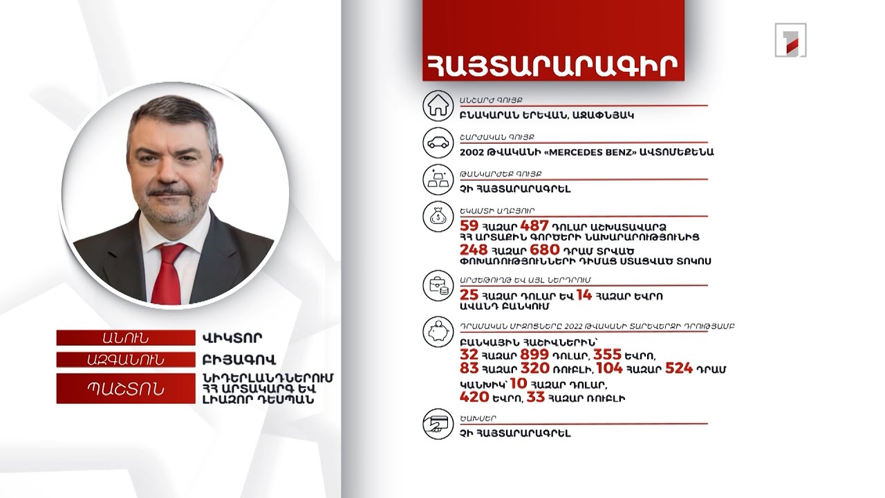 Բնակարան, ավտոմեքենա, 43 հազար դոլար. Նիդերլանդներում ՀՀ դեսպան Վիկտոր Բիյագովի հայտարարագիրը