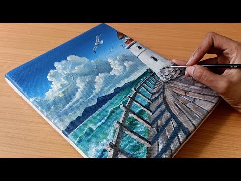 How to draw a Light house/Light house acrylic painting/Ocean painting 