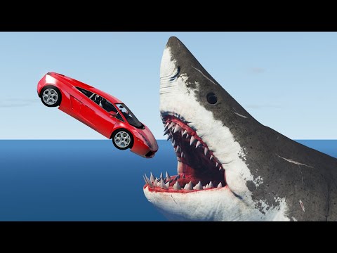 Cars Jumping into Mouth of Giant Shark (Megalodon) - BeamNG.drive