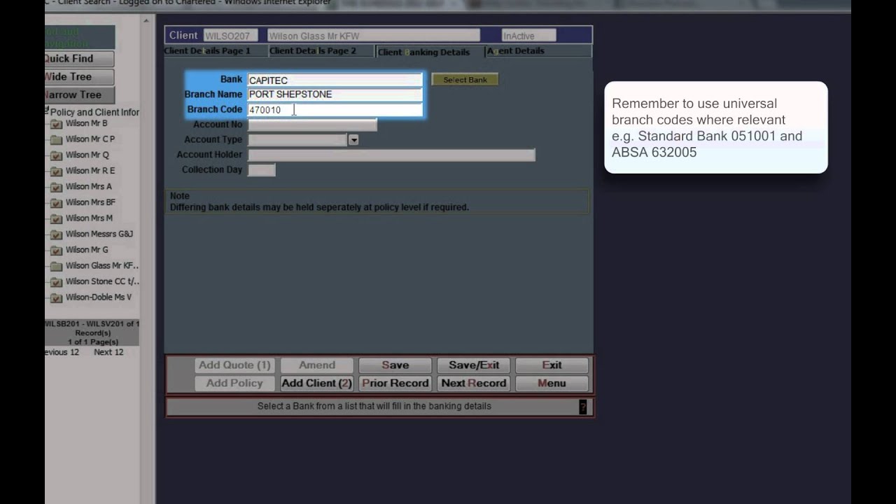 CLIENT RECORDS : Client Banking Details Screen