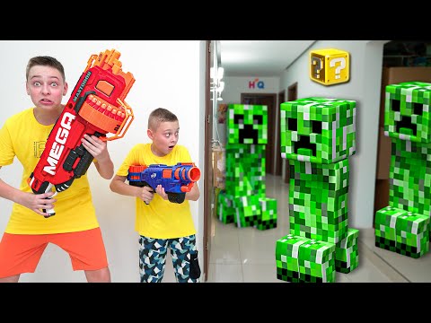 NERF Gun Game: Minecraft Creeper Invasion Finds Us in Real Life