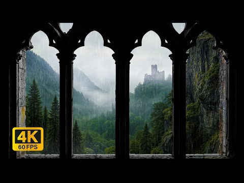 4K Rainy Medieval Castle Window View - Cozy Thunderstorm Sounds - Ambience for Reading