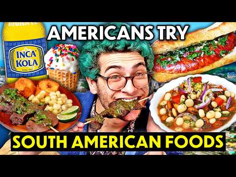 Americans Try South American Food For The First Time! (Choripan, Anticuchos, Cevichocho)