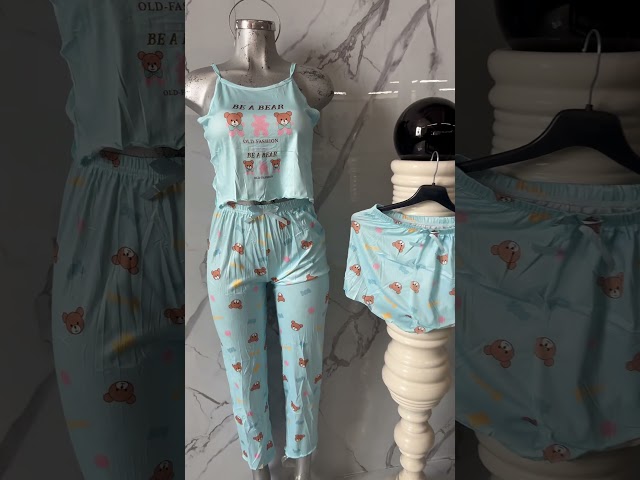 Vídeo relacionado con SUNNYBUY Conjunto de Pijama de Manga Corta para Mujer, Pantalones Cortos y Pantalones de 3 Piezas, Verde y Gris, M