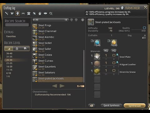 FFXIV Armorer Levels 26-30 Recipes