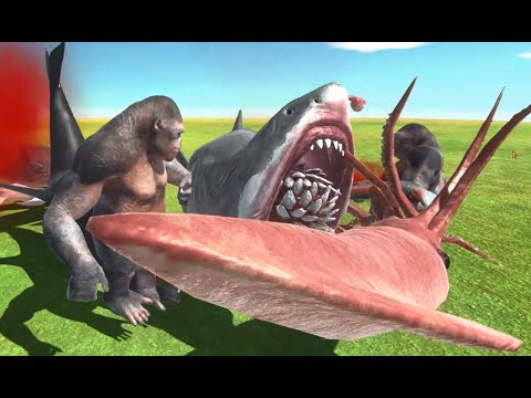 Kong Goro Primates vs Baby Shark Megalodon All Aquatics Dinosaurs - Animal Revolt Battle Simulator