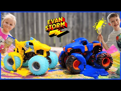 Monster Trucks cardboard DIY Obstacle Course Painting Racing and Truck Washing