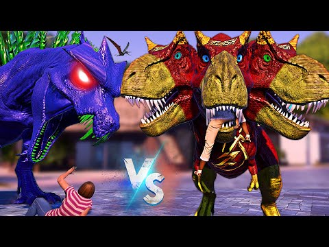 Baby Blue Godzilla Vs 3 Head Flash T-REX, Indoraptor I-REX Jurassic World Evolution Dinosaurs Fight🌍