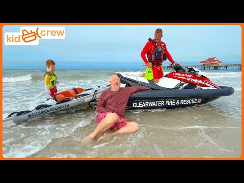 Ocean rescue with lifeguard jet ski, then tractor & garbage truck work beach. Educational | Kid Crew