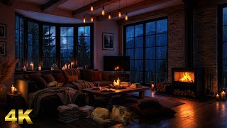 Thunderstorm Night in the Mountains 🌩️🌧️ | Rain on Windows & Crackling Fireplace