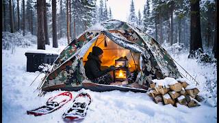 SNOW CAMPING IN A COZY LITTLE HOT TENT | WINTER CAMPING IN SNOWY FOREST