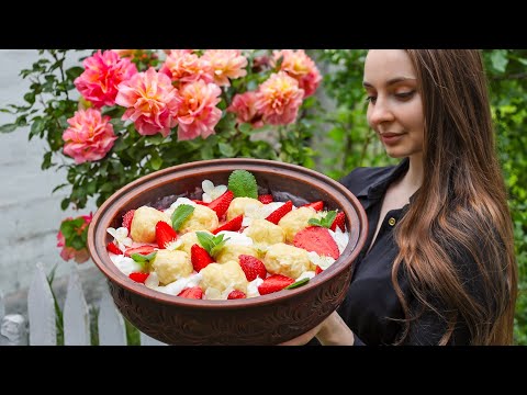 Ukrainian girl cooks Traditional Lazy Dumplings in Village, Morning Yoga and Relax Day