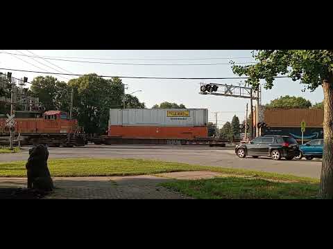 Eastbound CSX I104 and A BNSF Rack Train on the IHB. Dolton Junction. 