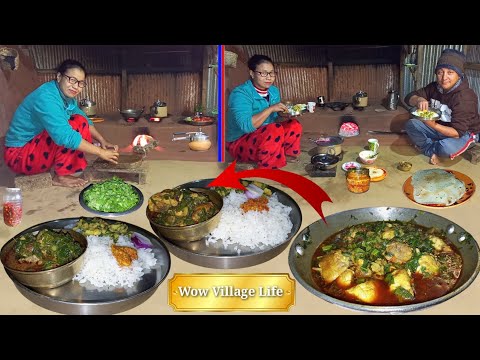 Village Style Recipe: Cooking Chicken and Rayo Saag mix with Rice in Nepali Kitchen