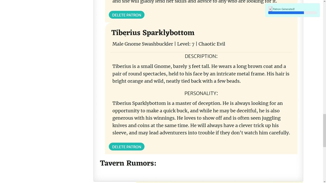Random RPG Tavern Generator - Description, Owner, Patrons, and Rumors (All with AI)