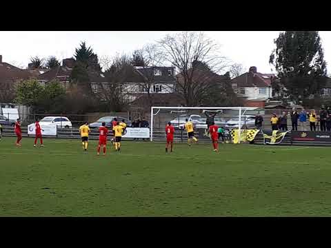 Adam Yusuff scores from a penalty for Folkstone Invicta at Harrow Borough