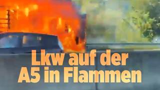Großeinsatz auf der A5: Brennender Lastwagen führt zu kilometerlangem Stau
