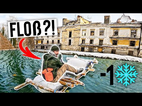 We explore an ABANDONED WATER CASTLE with a DIY-RAFT🪵 | at minus tempertures