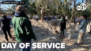 James Island Charter IB students join SCDNR service day, bagging oyster shells for reefs