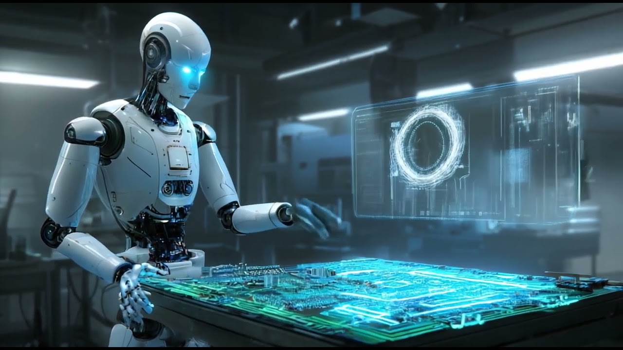 AI Robot Is Touching Circuit Board with Hand And A Futuristic Screen | Free HD Video - no copyright