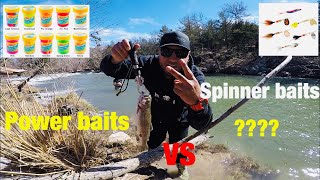 preview picture of video 'Powerbaits vs spinner baits trout fishing blue river'