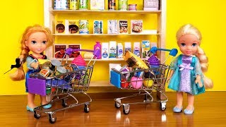 GROCERY store ! Elsa and Anna toddlers go shopping - Barbie is store manager