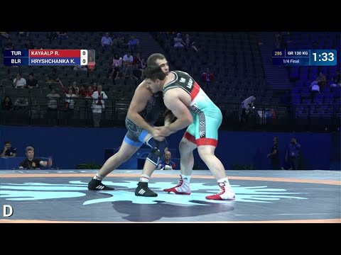 1/4 GR - 130 kg: R. KAYAALP (TUR) df. K. HRYSHCHANKA (BLR) by VPO1, 3-1