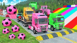 Flatbed Trailer McQueen Transportation with Truck - Speedbumps vs Cars vs Train - BeamNG.Drive #579