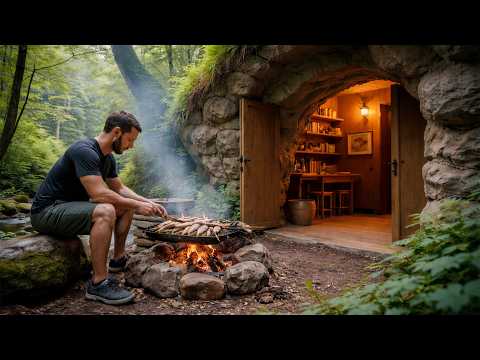 I Transformed an Underground Stone Cave into a Cozy Survival Shelter with Fireplace and Wild Cooking