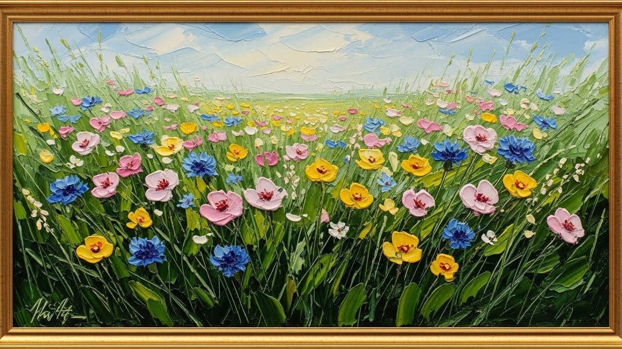 Frame TV Art with Music: Spring Wildflower Meadow | Textured Floral Oil Painting | Relaxing Spring