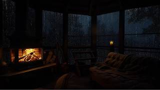 A Calm Forest Cabin with Rain on the Windows and Fireplace to Relaxation and Stay Focus