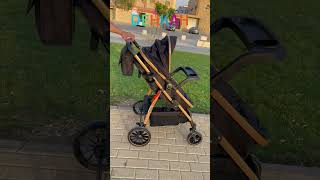 طقم عربة أطفال 4 *1  عربة للسفر سرير كريكوت  وكرسي سيارة هزاز يدوي وحقيبة أنيقة للأم لأغراض الطفل اللون كاكي شاسية ذهبي 747-9