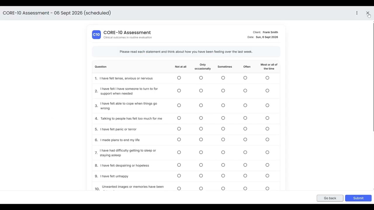 Outcome measures sent, completed in session, or uploaded from paper demo