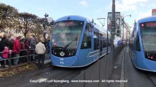 preview picture of video 'SL Tram Tvärbanan, opening day, Sundbyberg centrum, Stockholm, 27 October 2013'