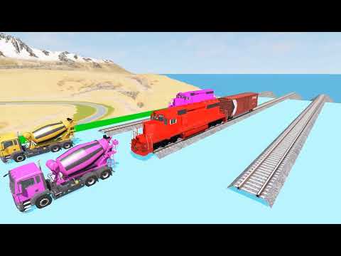 Trains vs Portal Trap With Slide Color   Cars vs Rails and Trains   BeamNG Drive