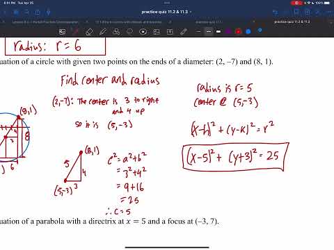 Algebra II: Practice Quiz 11.2 & 11.3 — Circles and Parabolas