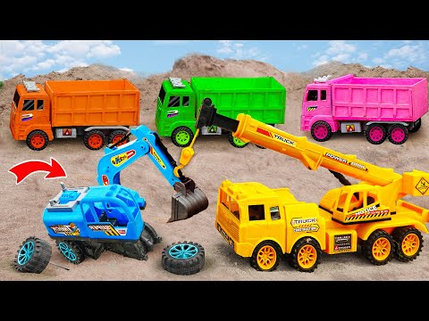 JCB car toy, Crane, Dinosaurs find and assemble Excavator - helping others in need - lesson for kids