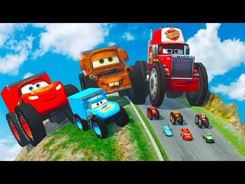 Big & Small Lightning McQueen vs Small Pixar Cars with Big Wheels in Epic Battle BeamNG Drive!