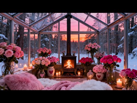 💘🌹 Pink Valentine’s Day Snowy Rose Greenhouse ✨ Cozy Fireplace + Soft Jazz Ambience