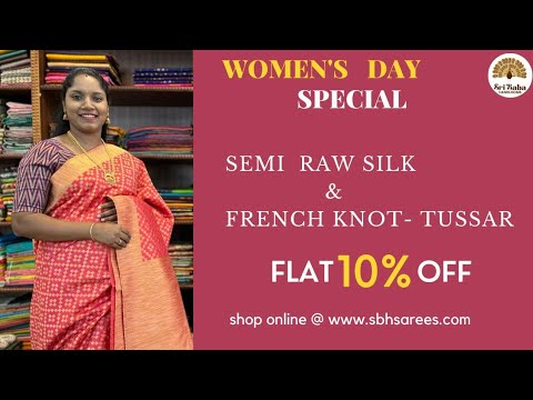 <p style="color: red">Video : </p>Semi Tussar Printed French Knots &amp; Semi Raw Silk Saree Collections 2023-03-06