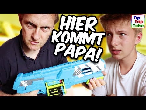 The big NERF GUN chaos! Here comes Dad! TipTapTube