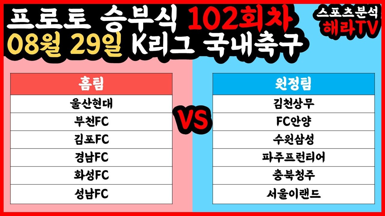 축구분석 08월 29일 K리그분석 국내축구분석 스포츠분석 승부식 승무패 프로토 토토