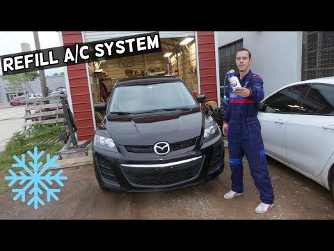 HOW TO RECHARGE AC AIR CONDITIONER ON MAZDA CX-7 CX7. AC BLOWS HOT FIX