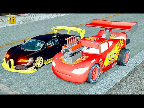 Lightning McQueen Dragster Edition vs Bugatti Veyron GTR Concept MEGA DRAG RACE 24 KM