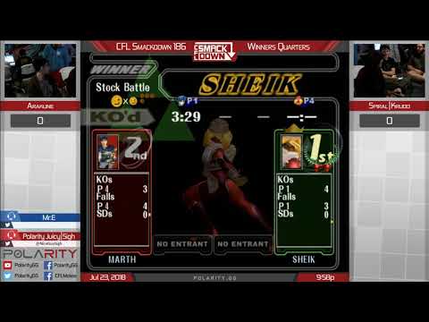 CFL Smackdown 186 Melee - Arakune (Marth) vs Spiral | Krudo (Sheik) - Winners Quarters