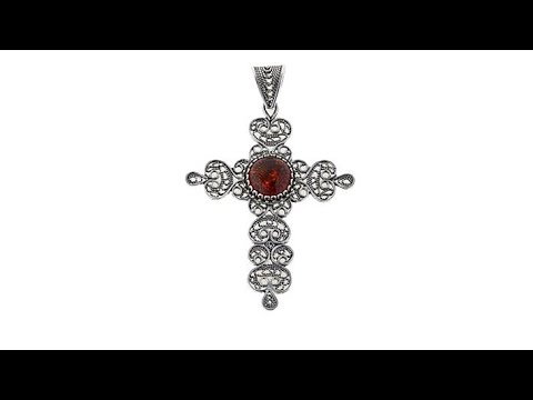 Ottoman Silver Jewelry Amber Filigree Budded Cross Penda...