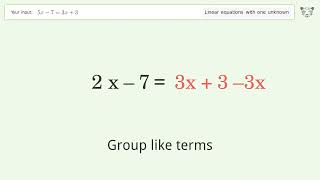 Linear equation with one unknown: Solve 5x-7=3x+3 step-by-step solution