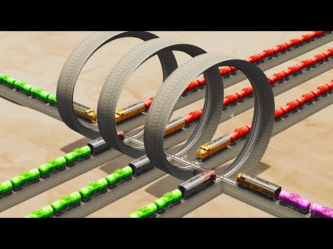 Impossible Triple Loop Rail Track Vs Multiple Train Crossing  -BeamNG.Drive