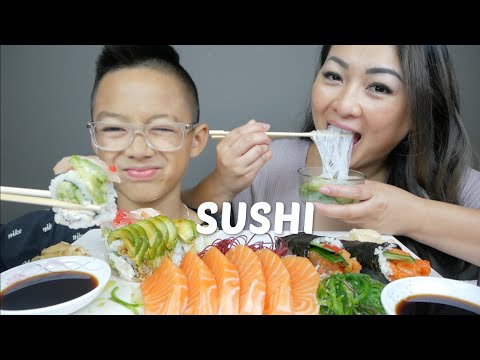 SUSHI Salmon Sashimi, Rainbow Roll, Dragon Roll, Spicy Tuna & Salmon Cone Mukbang | N.E Let's Eat